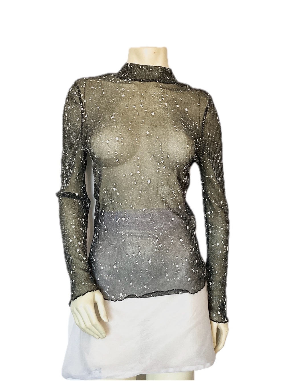 Sheer Star-Embellished Long Sleeve Top - Black, one size